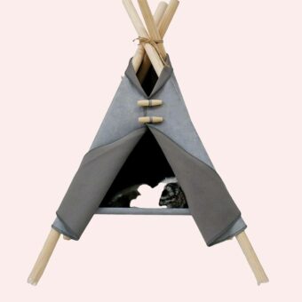 Niche en forme de tente pliable pour chat gris sur un tapis, à la mode