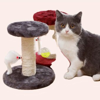 Arbre d'escalade en sisal naturel pour chat grenat et gris avec un chat à côté