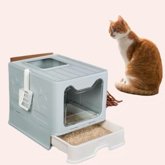 Bac à litière anti-éclaboussures pour chat gris, très confortable dans une maison