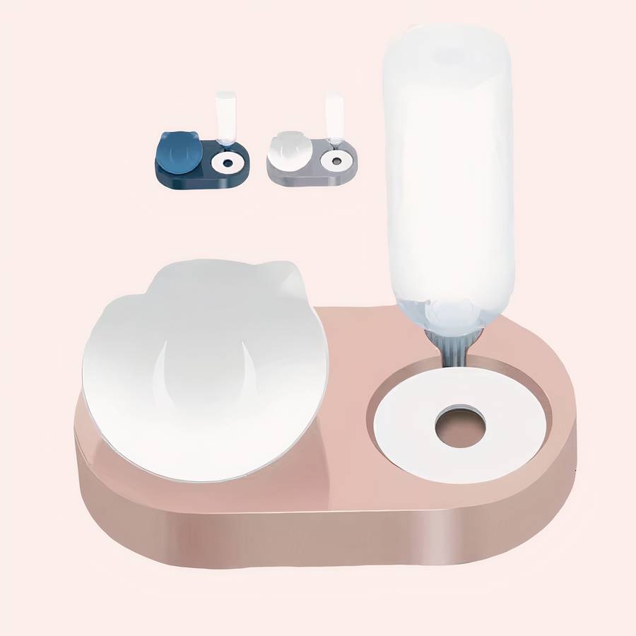 10136-rnleie.jpg Bol chat avec support et distributeur d'eau, de couleur gris, vert et rose