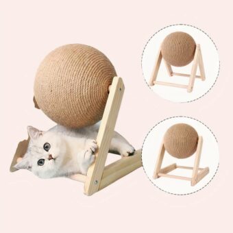 Boule à gratter en sisal avec support pour chat en bois