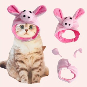 Chapeau amusant en forme cochon pour chat rose porté par un chat, super qualité