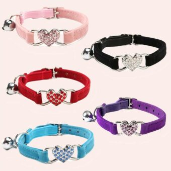 Collier chat avec cloche et coeur en paillettes plusieurs couleurs
