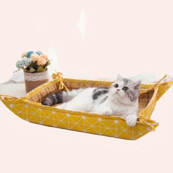 Coussin de refroidissement lit de chat en rotin jaune avec point blanc à la mode