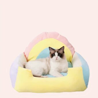 Coussin doux à motif arc-en-ciel pour chat très confortable dans une maison