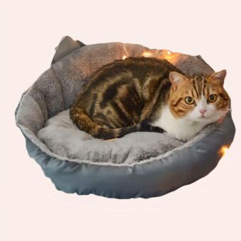 Coussin en peluche avec deux oreilles pour chat gris, confortable avec un chat à l'intérieur