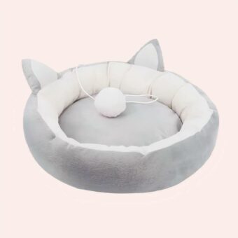 Coussin rond doux et lavable avec oreilles et boule pour chat confortable de couleurs gris