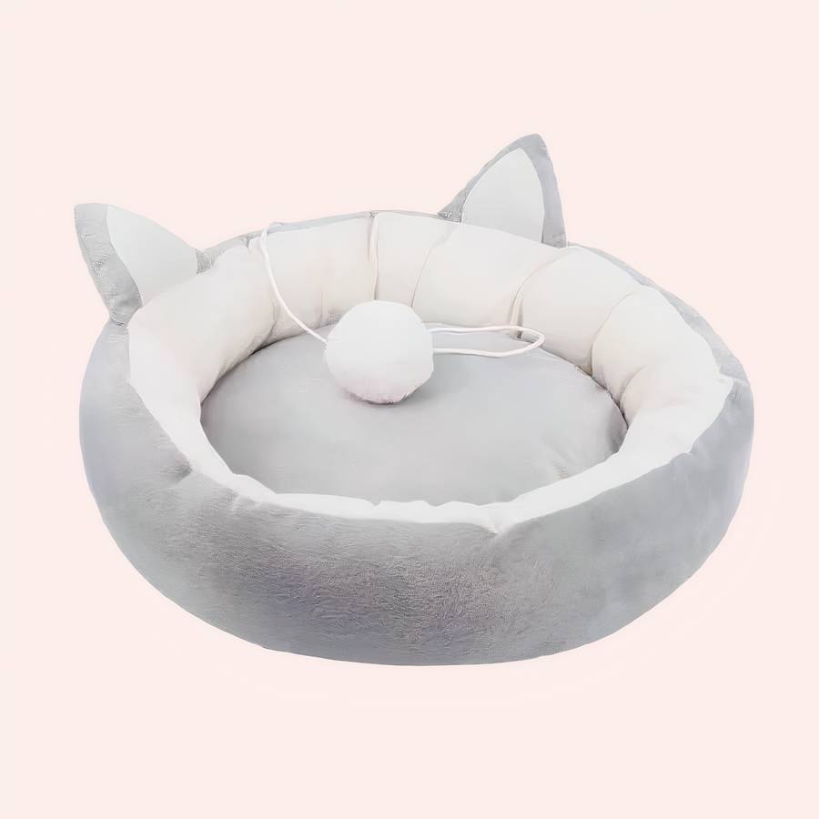 15485-4gwecz.jpg Coussin rond doux et lavable avec oreilles et boule pour chat confortable de couleurs gris