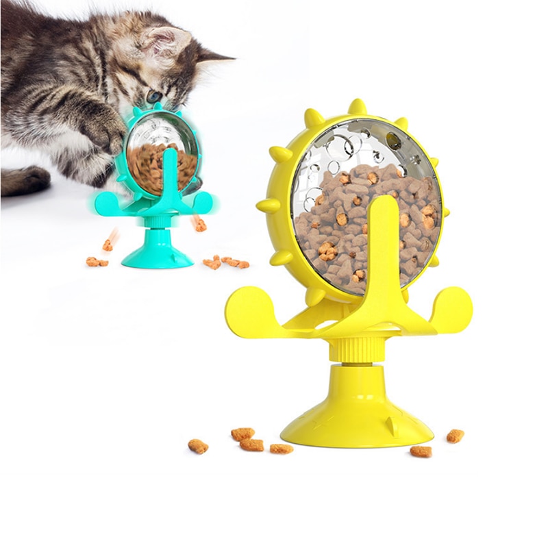 Distributeur croquettes rotatif moulin pour chat, très bonne qualité de couleurs jaune et vert