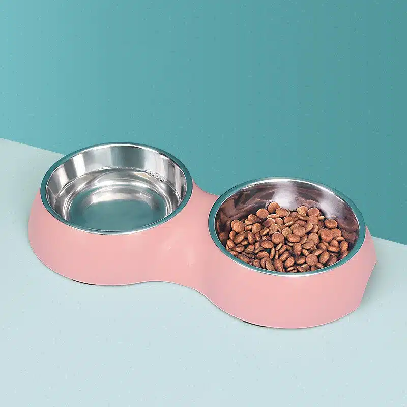 Double bol en acier inoxydable pour chat rose dans une maison