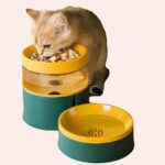 Gamelle pour chat avec distributeur d'eau tendance vert et jaune dans une maison