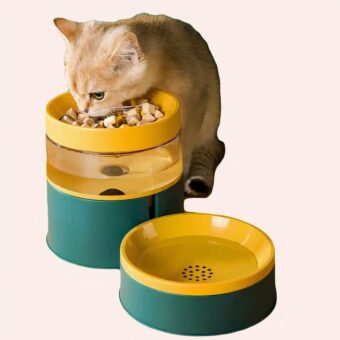 Gamelle pour chat avec distributeur d'eau tendance vert et jaune dans une maison