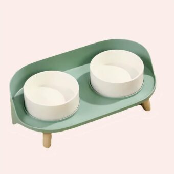 Gamelle surélevée verte avec bol en céramique blanc pour chat