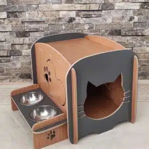 Maison chat en bois avec double bol d'alimentation gris et marron