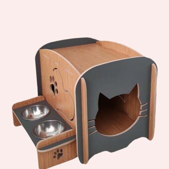 Maison chat en bois avec double bol d'alimentation gris et marron