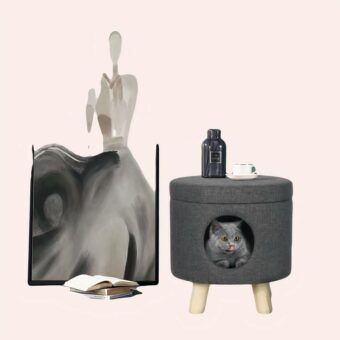 Maison ronde en lin pliable pour chat gris dans une maison
