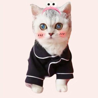 Manteau en coton pour chat noir et blanc porté par un chat sur un tapis