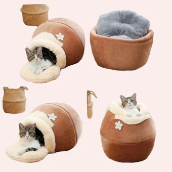 Niche 3 en 1 en forme de pot pour chat marron dans une maison