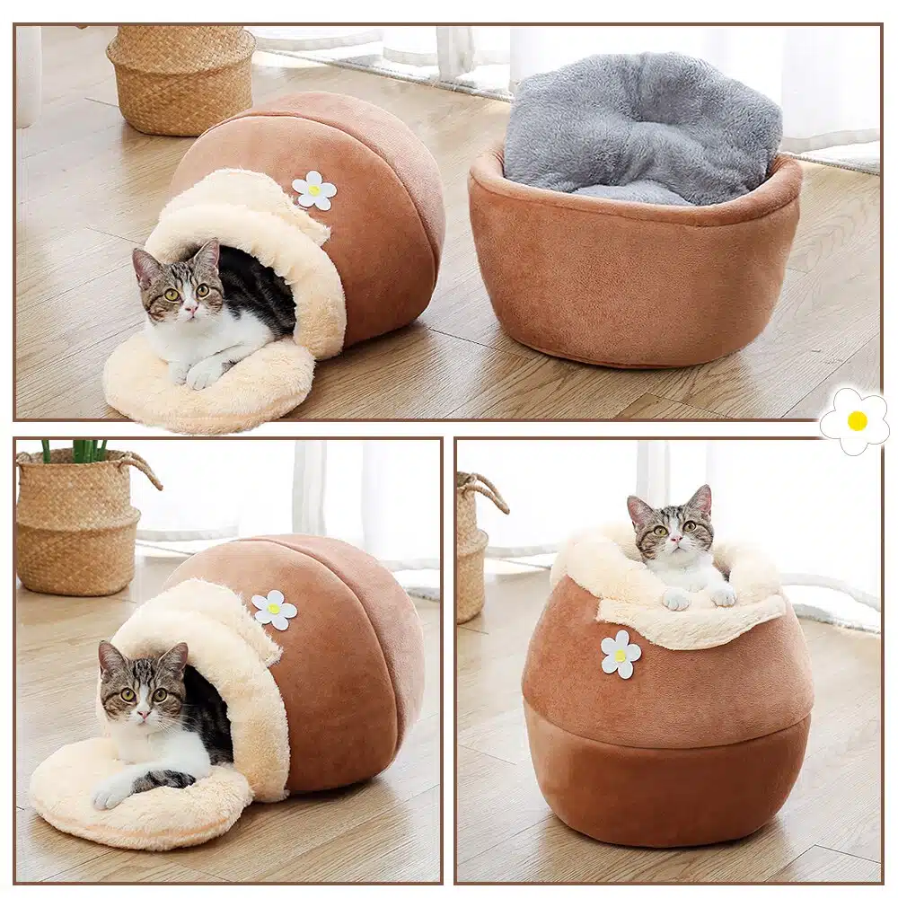Niche 3 en 1 en forme de pot pour chat marron dans une maison