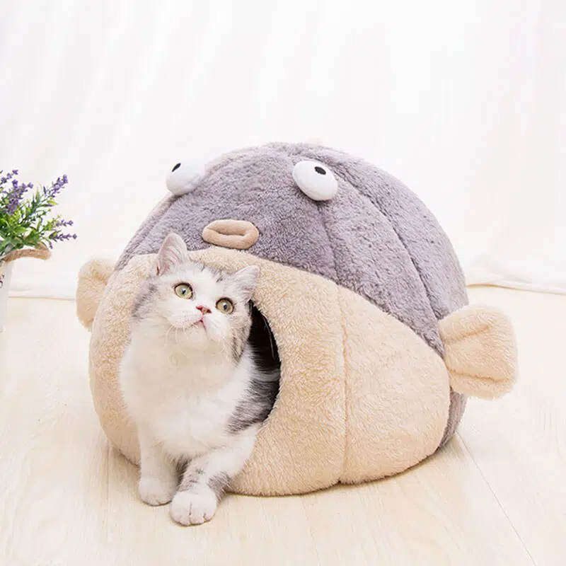 Niche chat gris en forme de baleine, confortable dans une maison