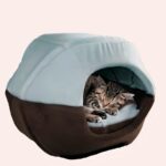 Niche chaude en forme de grotte pour chat très confortable de couleurs blanc et marron avec un chat à l'intérieur dans une maison