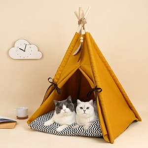 Niche en forme de tente en toile jaune pour chat confortable dans une maison avec deux chats à l'intérieur