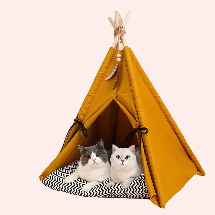 13958-tyvrce.jpg Niche en forme de tente en toile jaune pour chat confortable dans une maison avec deux chats à l'intérieur