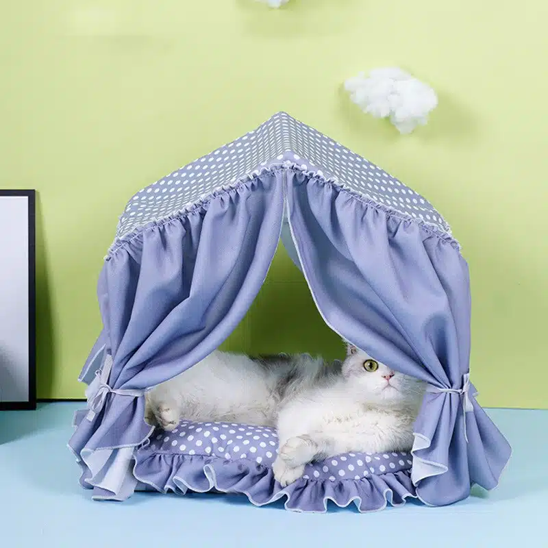 Panier de couchage chat avec dentelle bleu avec un chat à l'intérieur