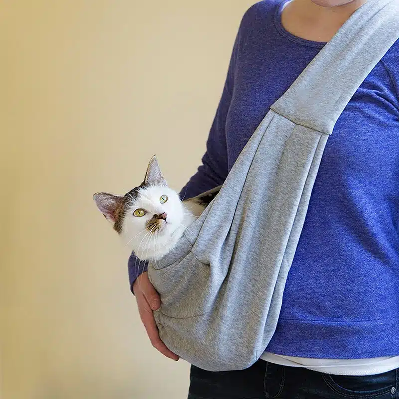 Sac à bandoulière portable de voyage pour chat gris porté par une femme avec un chat à l'intérieurs