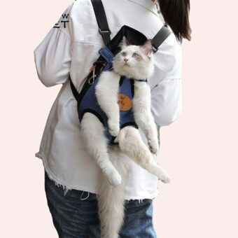 Sac à dos de transport chat avec trous pour les pattes porté par une femme avec un chat à l'intérieur