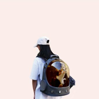 Sac à dos de transport en forme de fusée pour chat avec un chat à l'intérieur porté par une femme