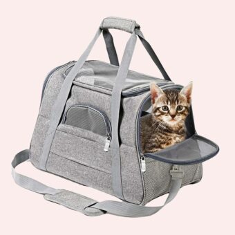 Sac de transport portable et pliable pour chat gris avec un chat à l'intérieur