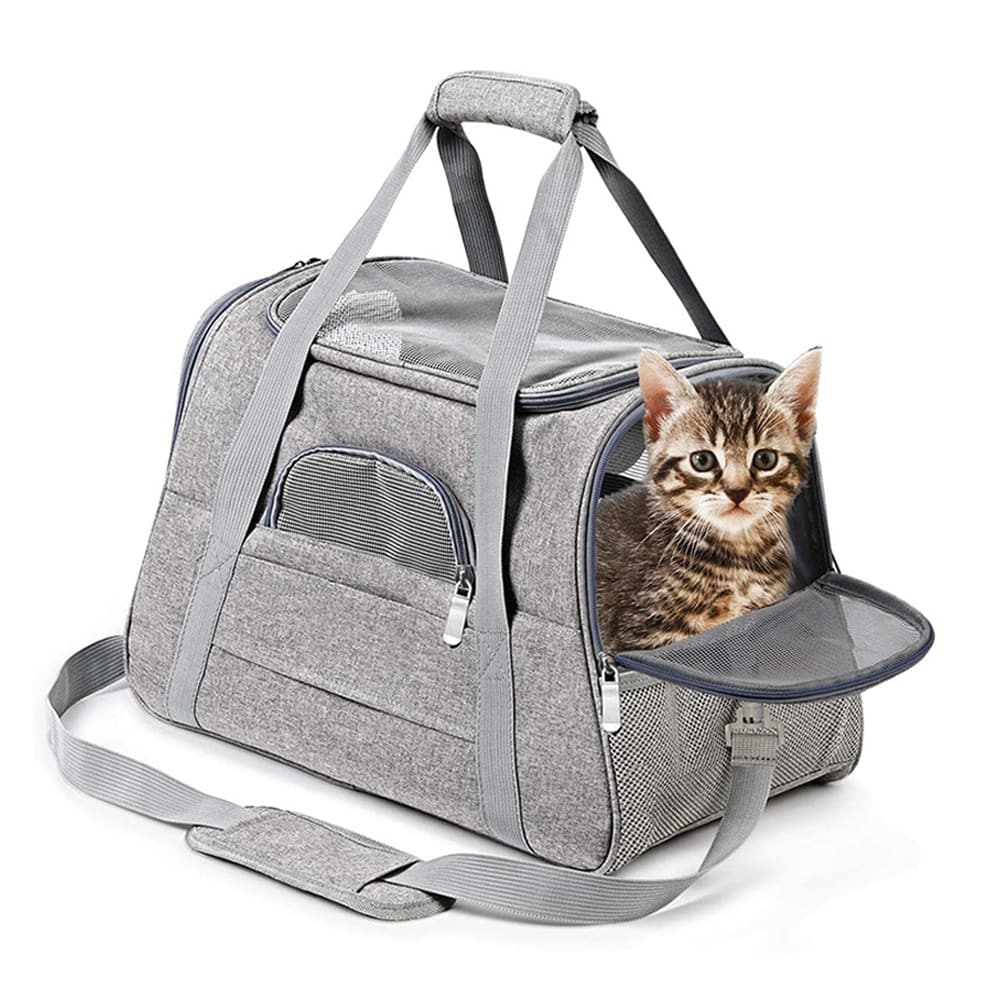 Sac de transport portable et pliable pour chat gris avec un chat à l'intérieur