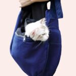 Sac de transport respirant couleur unie pour chat bleue porté par quelqu'un avec un chat à l'intérieur
