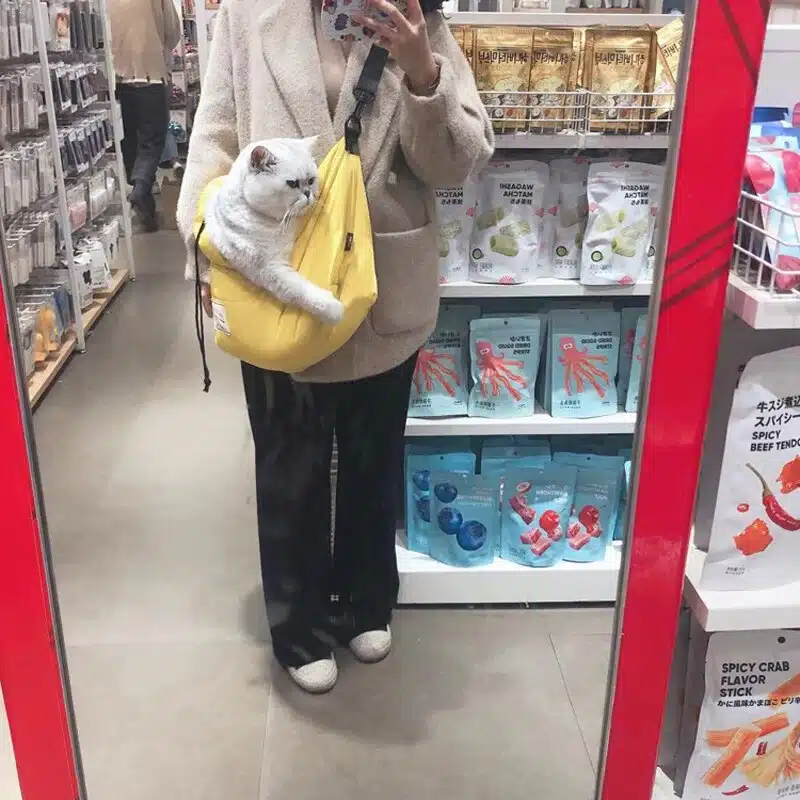 Sac de transport respirant et ouvert pour chat jaune, très confortable porté par une femme avec un chat à l'intérieur dans une magasin.