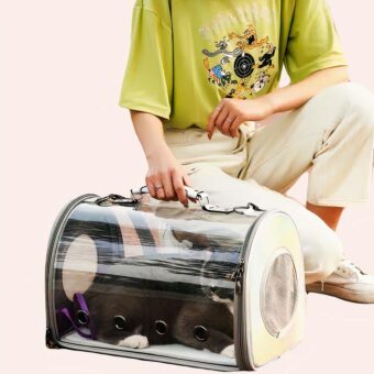 Sac de transport transparent en acrylique pour chat confortable dans une maison