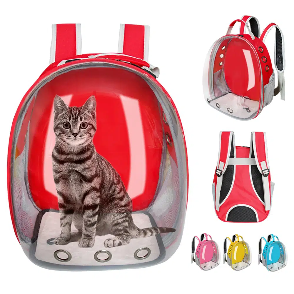 Sac de transport type capsule spatiale pour chat avec un chat à l'intérieur, disponible à plusieurs couleurs