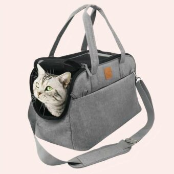 Sac de transport voyage pour chat gris, très confortable avec un chat à l'intérieur