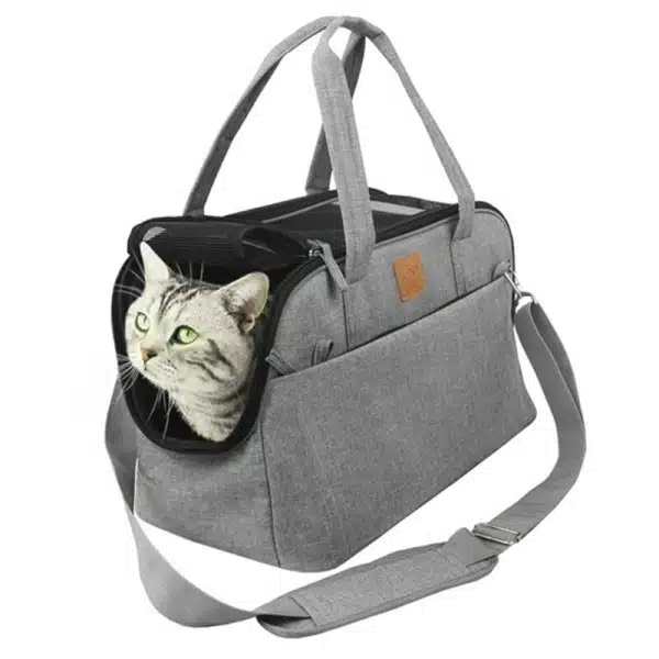 Sac de transport voyage pour chat gris, très confortable avec un chat à l'intérieur
