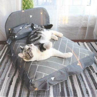 Petit lit pour chat avec oreiller, confortable, jaune dans une maison