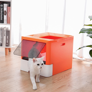 Un chat blanc qui sort de la chatière un bac à litière orange et blanc. 