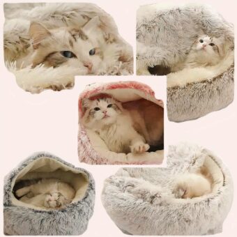 Panier rond pour chat en peluche, très confortable avec un chat à l'intérieur