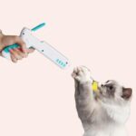 Jouet pistolet avec balles à plumes pour chat, très haute qualité, jouer par un chat devant un canapé dans une maison
