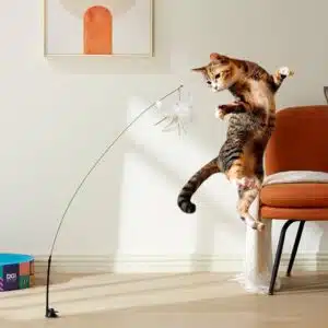 jouet interactif pour chat en forme d'oiseau en action avec chat qui saute
