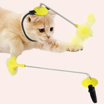 Jouet ressort avec plume au bout pour chat de couleur jaune, très bonne qualité