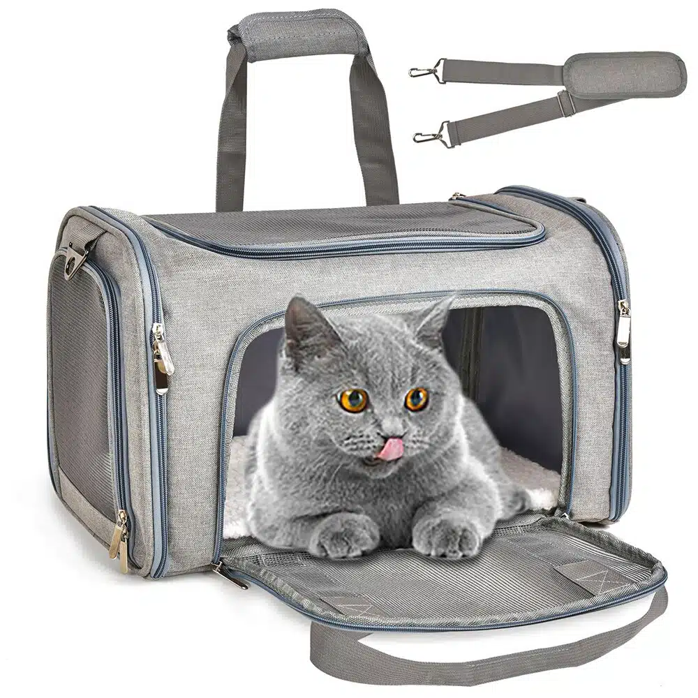 Sac de transport respirant pour chat gris, confortable avec un chat à l'intérieur