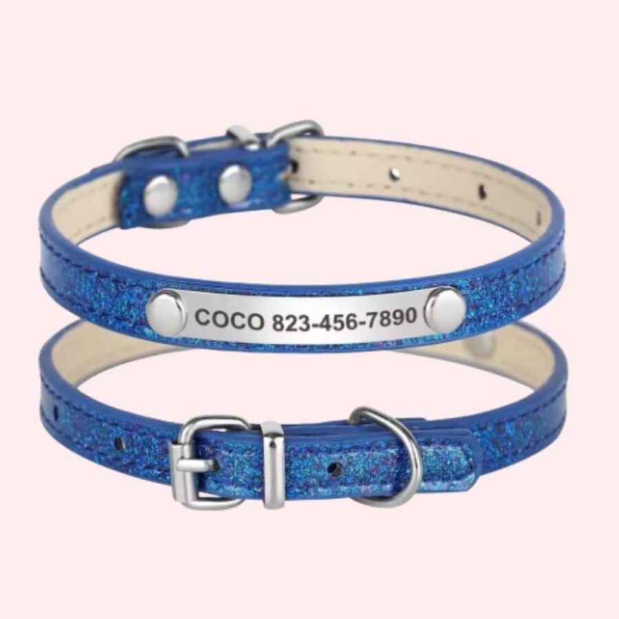 Collier en cuir personnalisé pour chat de couleur bleu brillant avec une plaque argentée à graver. Sur fond rose.
