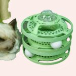 Jouet d'entraînement 3 niveaux pour chat, très pratique de couleurs vertes sur un tapis dans une maison