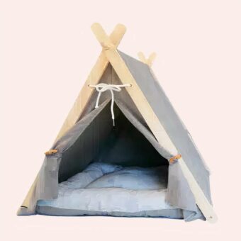 Tente grise niche pour chat en bois et tissue