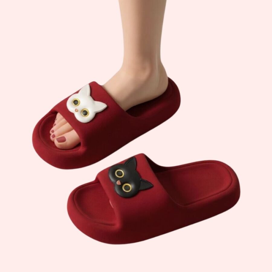 Pantoufle rouge avec tête de chat noire et blanc, sur fond rose